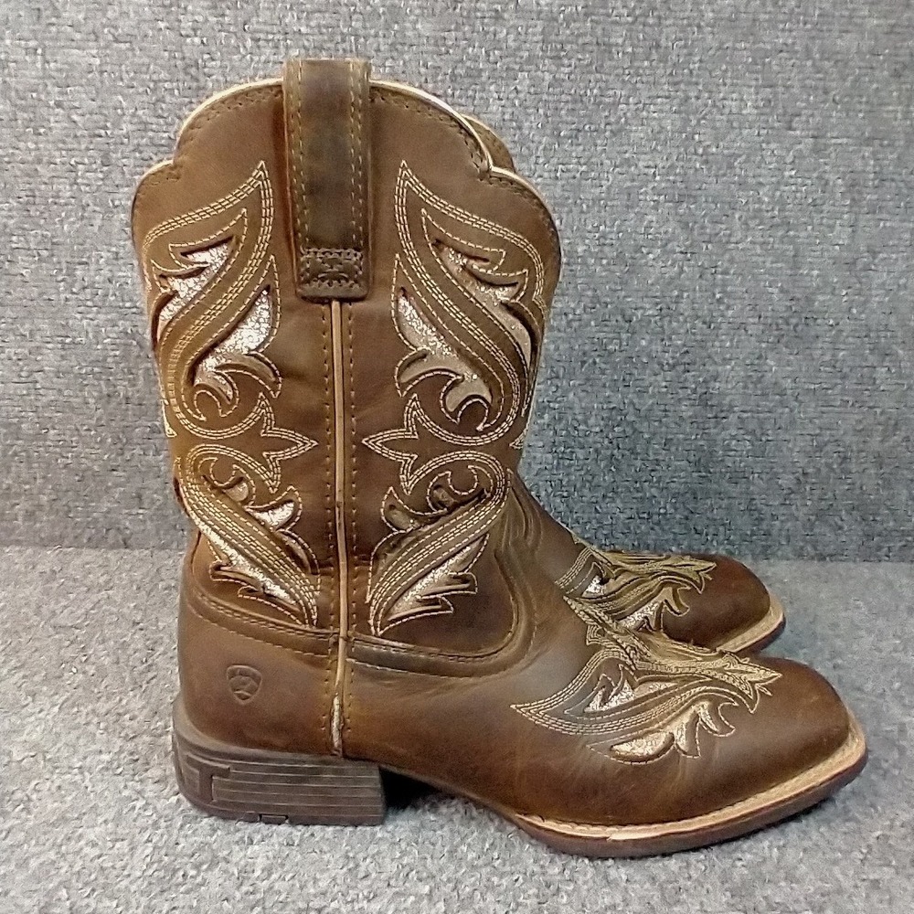 Ariat Round Up Bliss Western Boots Kids Size 4 Brown Leather Square Toe 10046884